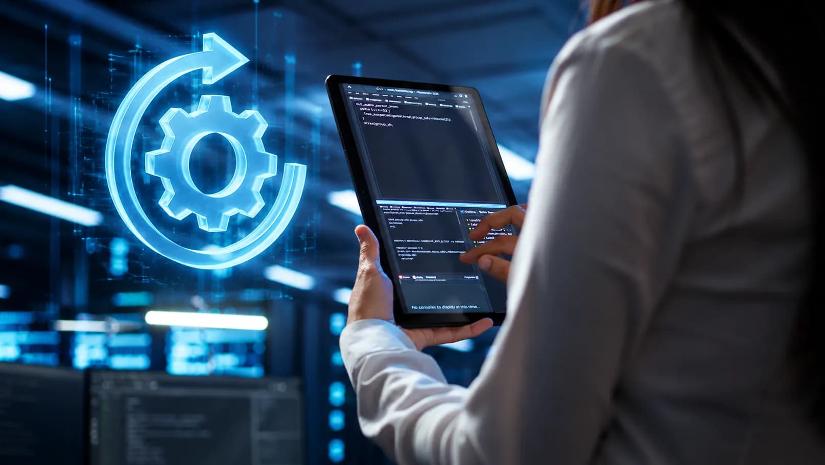 Specialist holding a tablet of code beside an integration gear in a server room