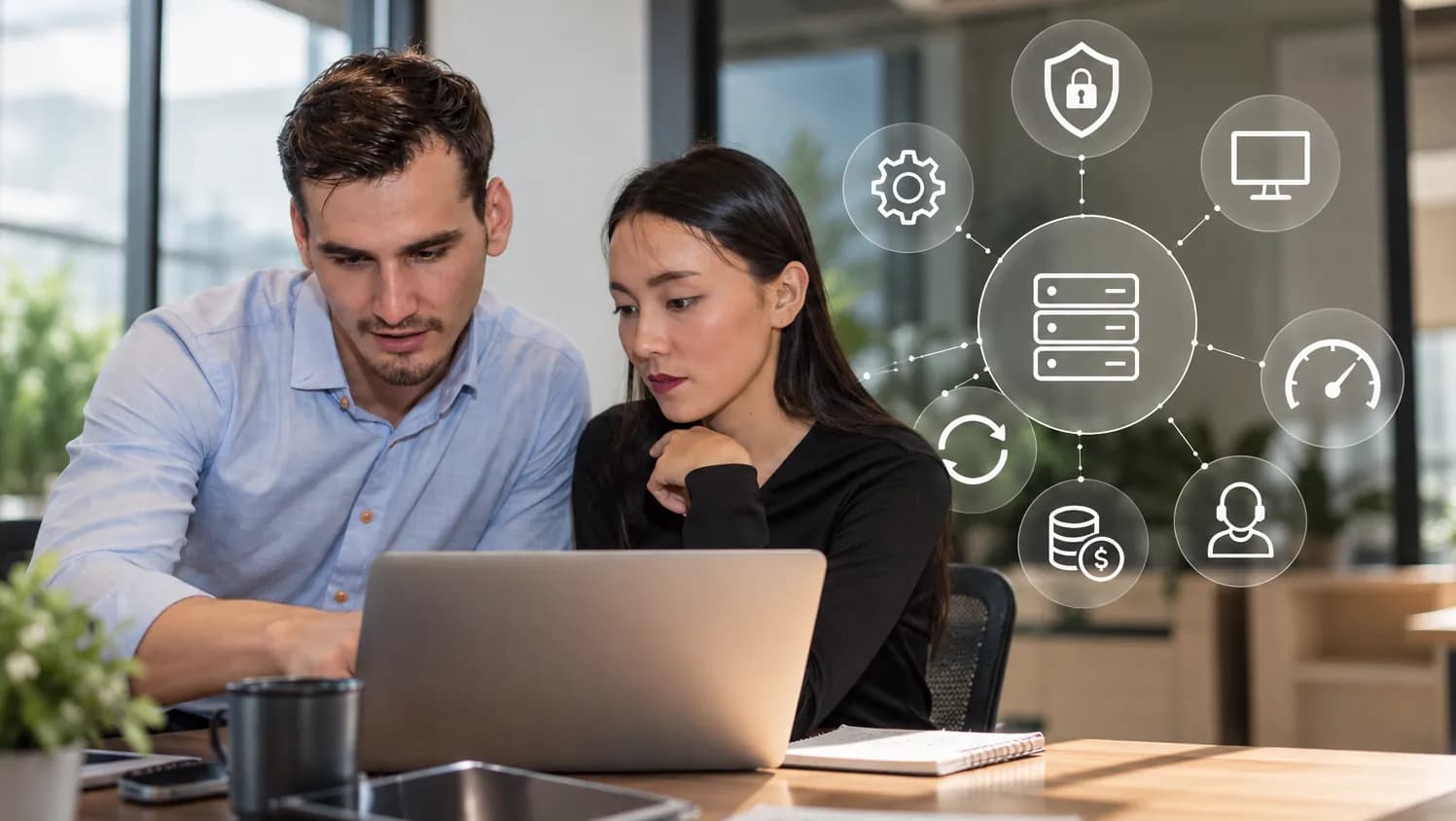 Two engineers at a laptop surrounded by icons for security, servers, storage and monitoring