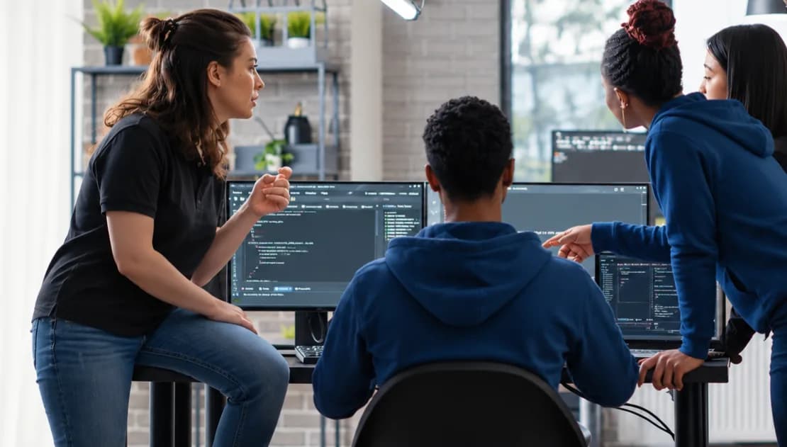 Operations team discussing code on a pair of monitors