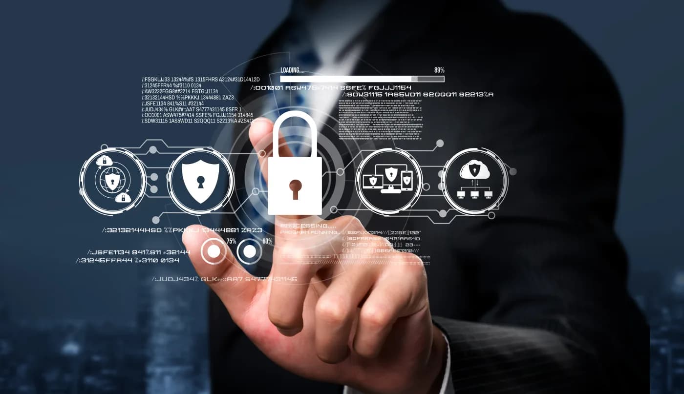 Hand touching a padlock surrounded by security and cloud icons