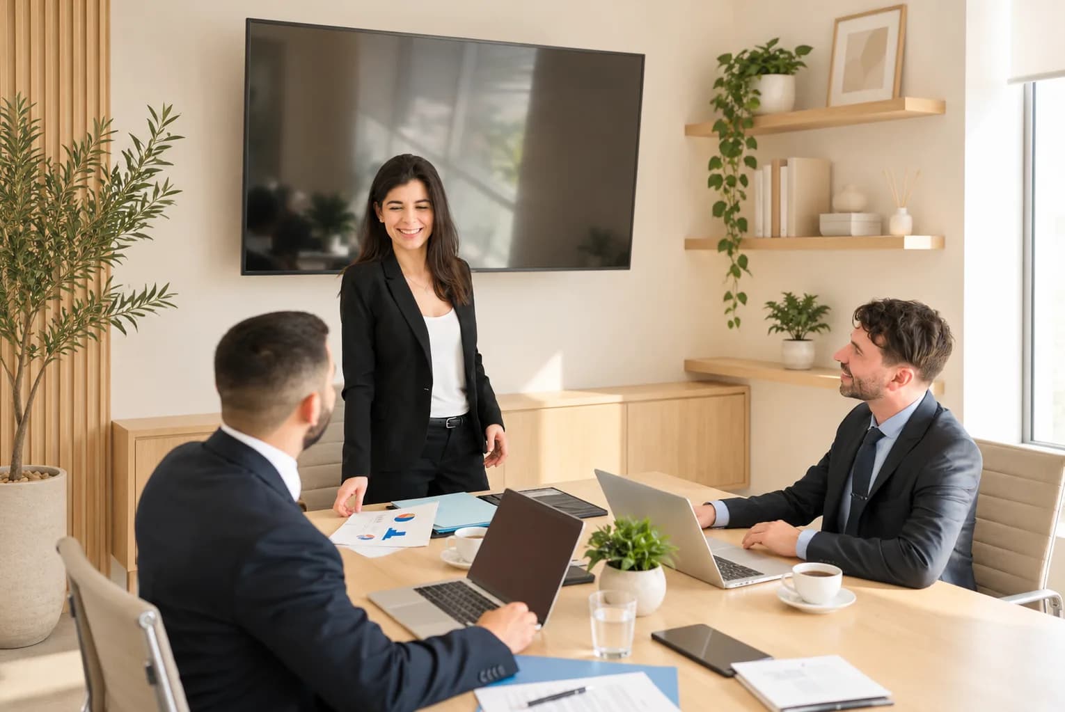 Consultant presenting to two colleagues at a meeting table