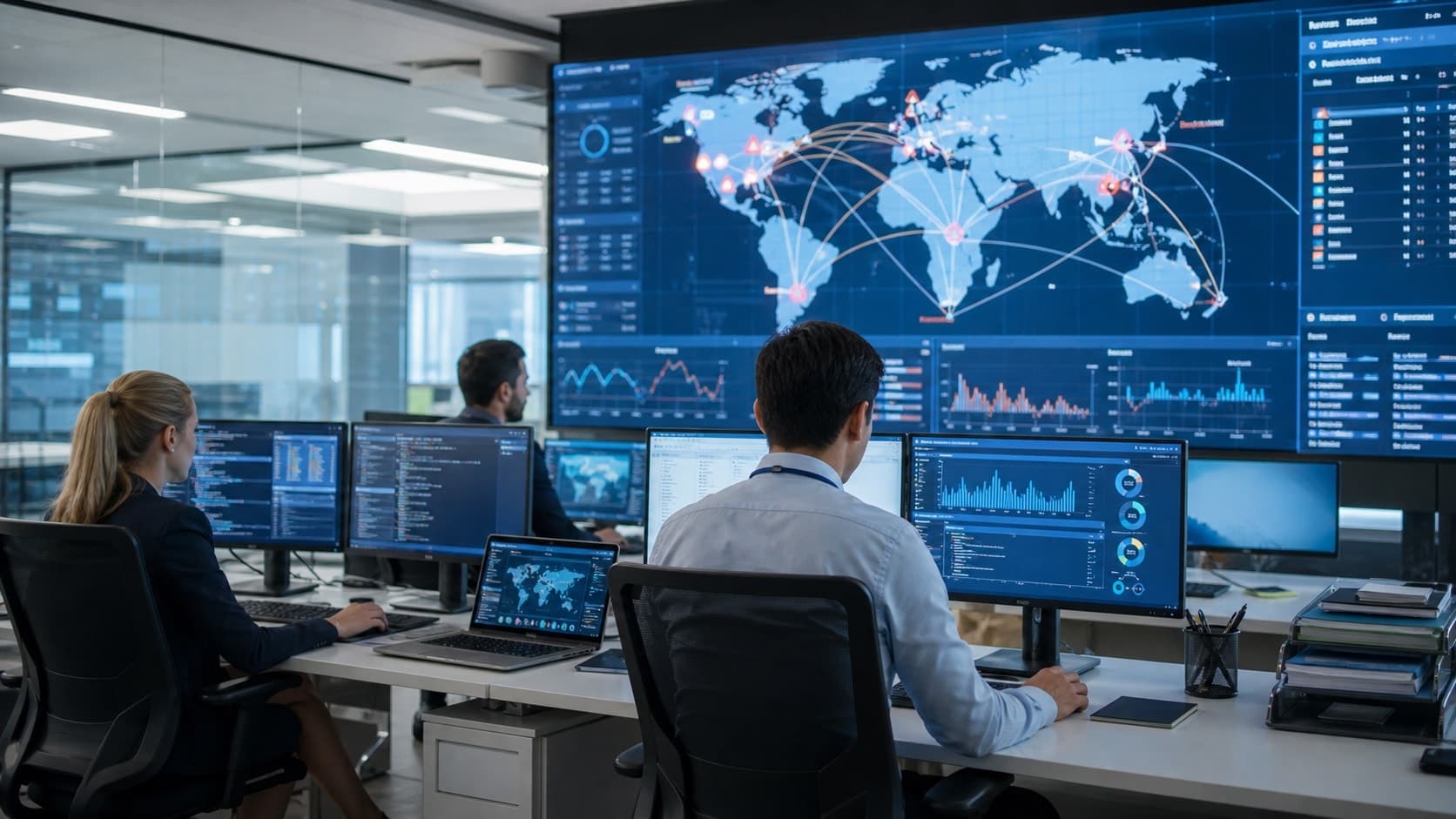 Security operations team monitoring a global incident response dashboard