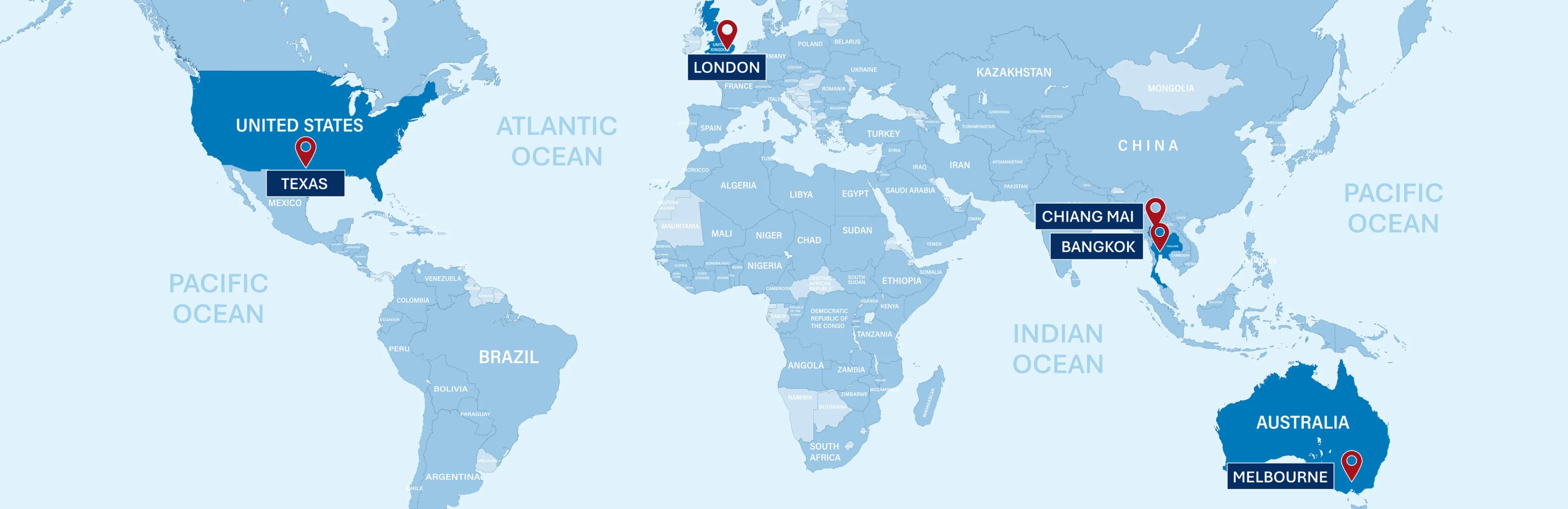 World map showing Movaci branch locations in Texas, London, Chiang Mai, Bangkok, and Melbourne