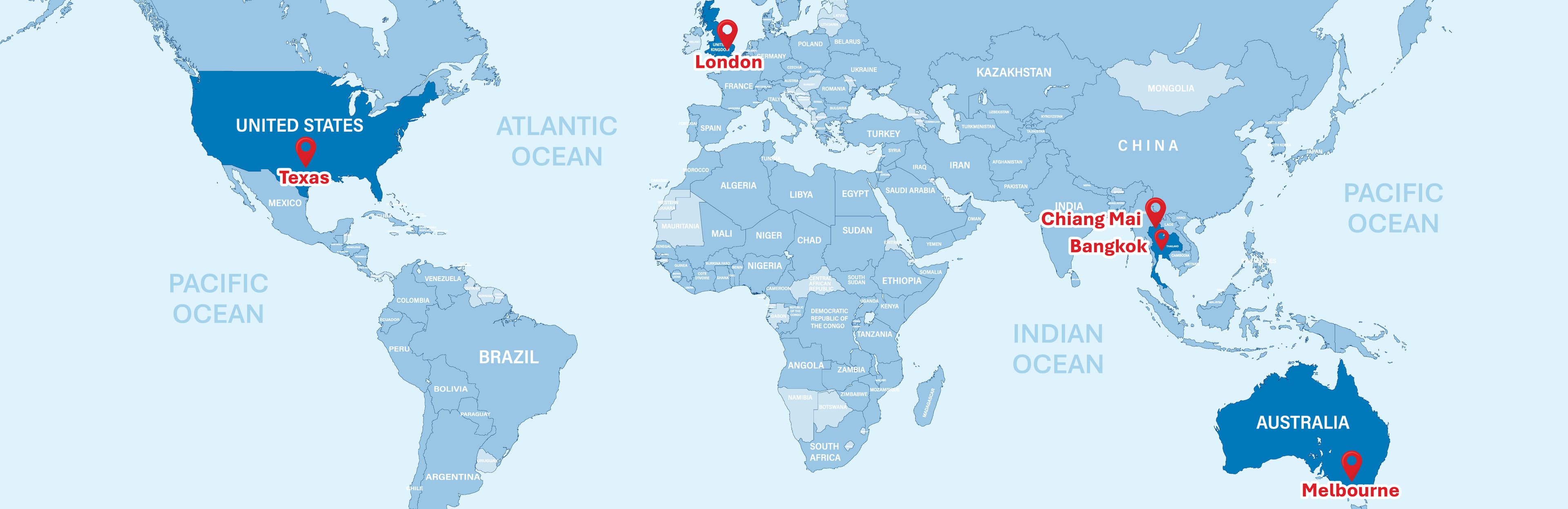 World map showing Movaci branch locations in Texas, London, Chiang Mai, Bangkok, and Melbourne
