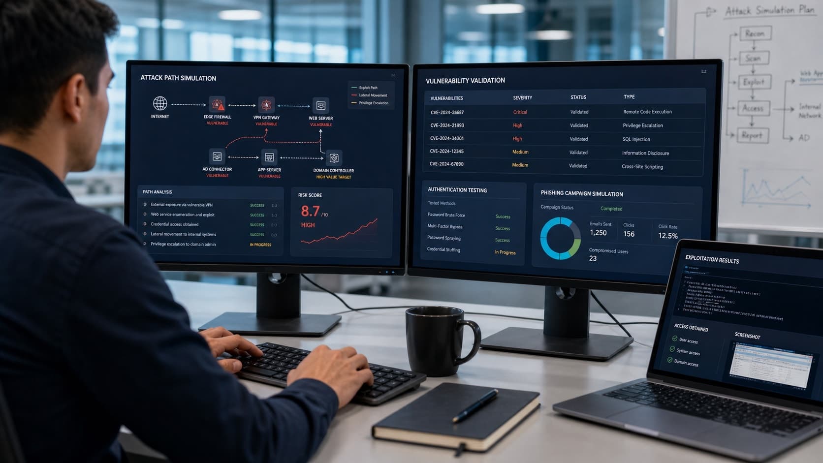 Laptop showing a phishing simulation dashboard for controlled penetration testing